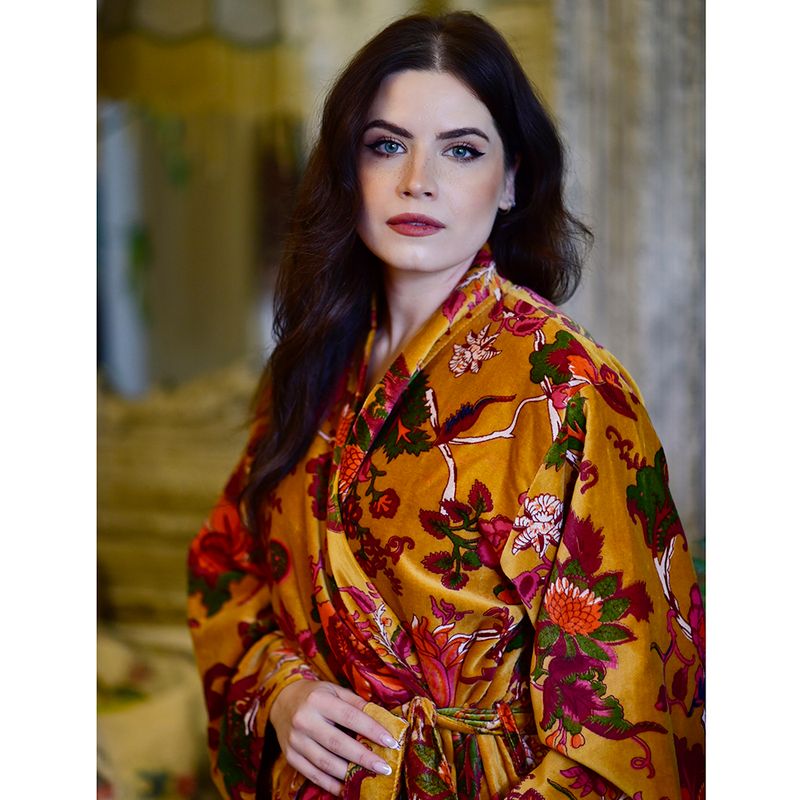 Velvet Mustard Exotic Bouquet Dressing Gown