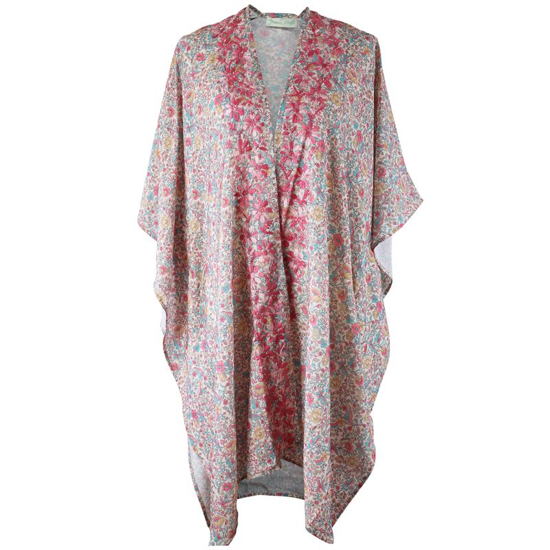 Pastel Floral Viscose Kaftan Jacket with Heavy Pink Ombre Fishbone Embroidery