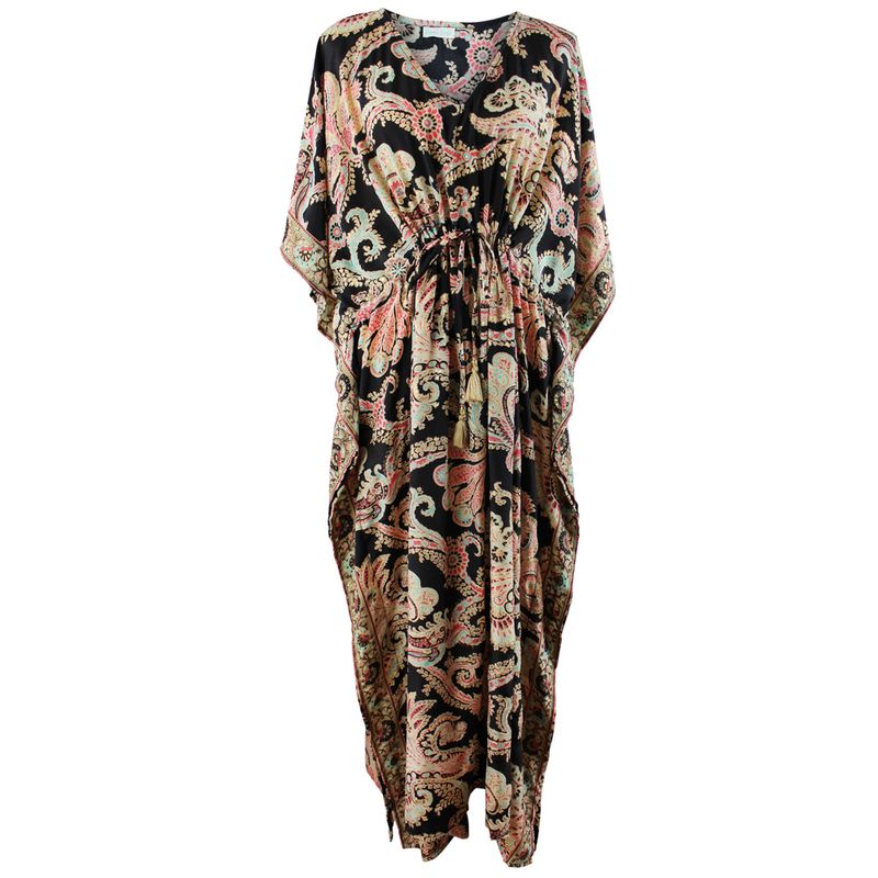 'Misty' Black, Rose & Gold Floral Baroque Print Kaftan Dress