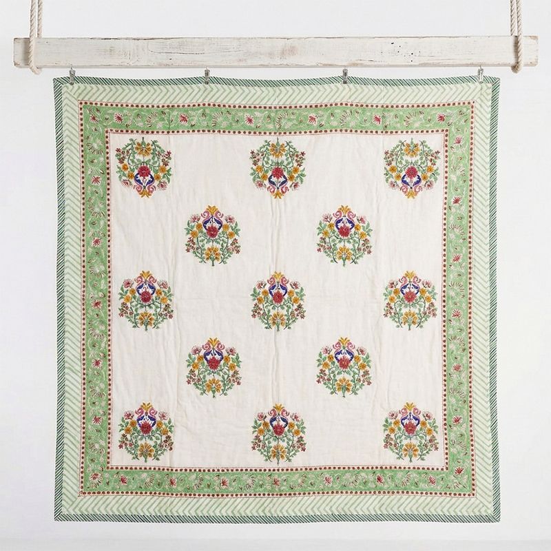 Colourful Floral Motif Indian Block Printed Cotton Bed Quilt