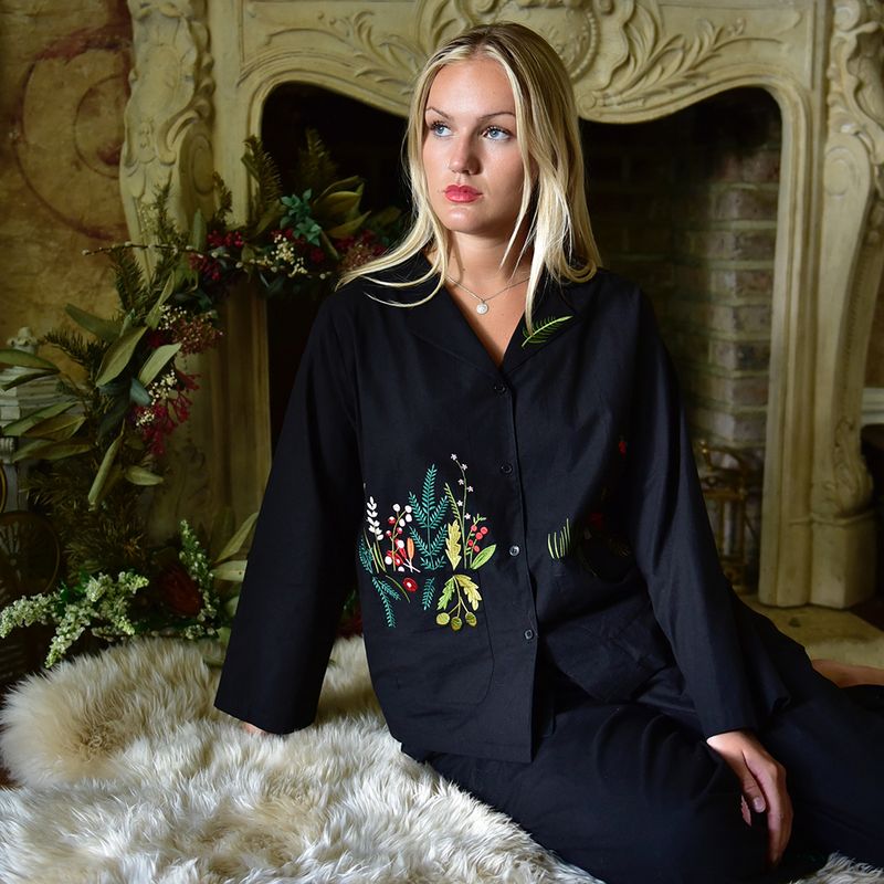 Midnight Black Embroidered Woodland Cotton Pyjamas