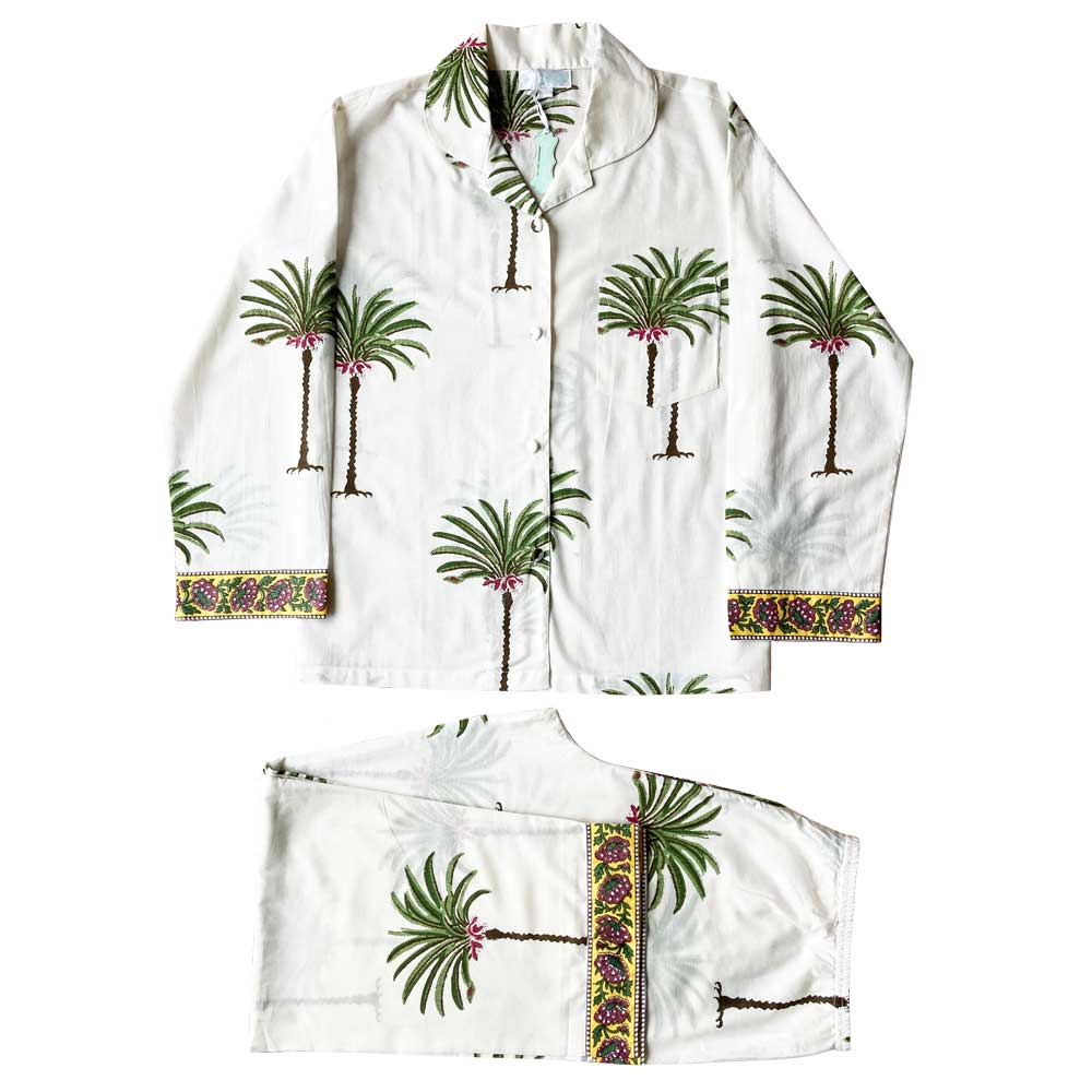 Ladies Green Palm Tree Print Cotton Pyjamas