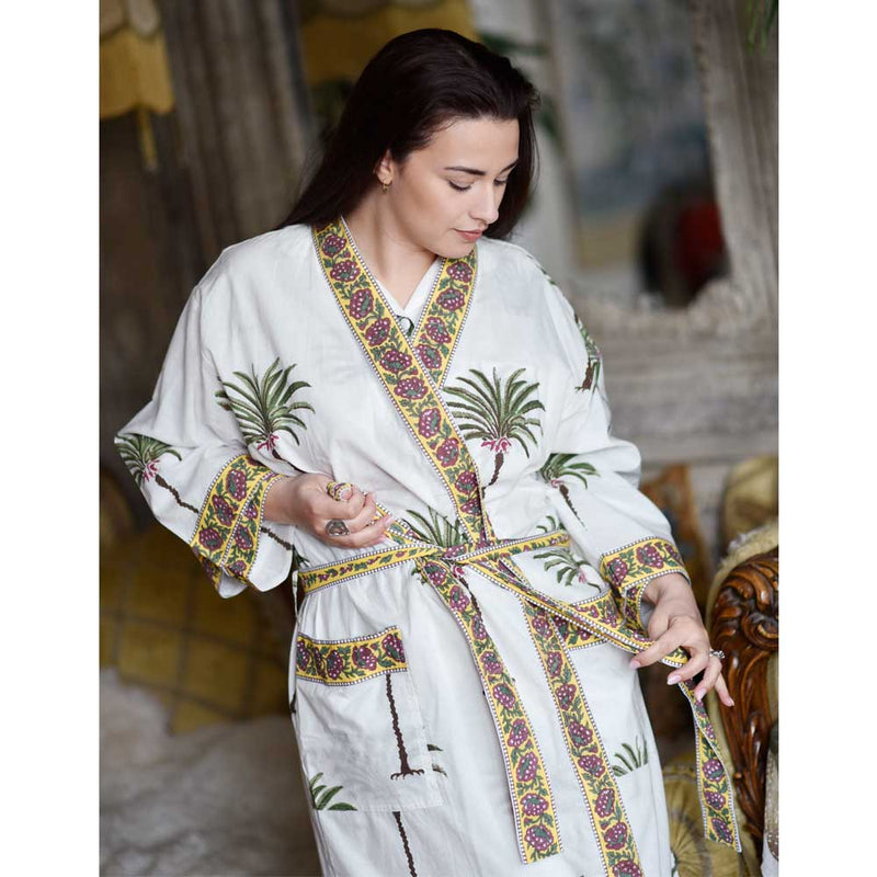 Ladies Green Palm Tree Print Cotton Dressing Gown