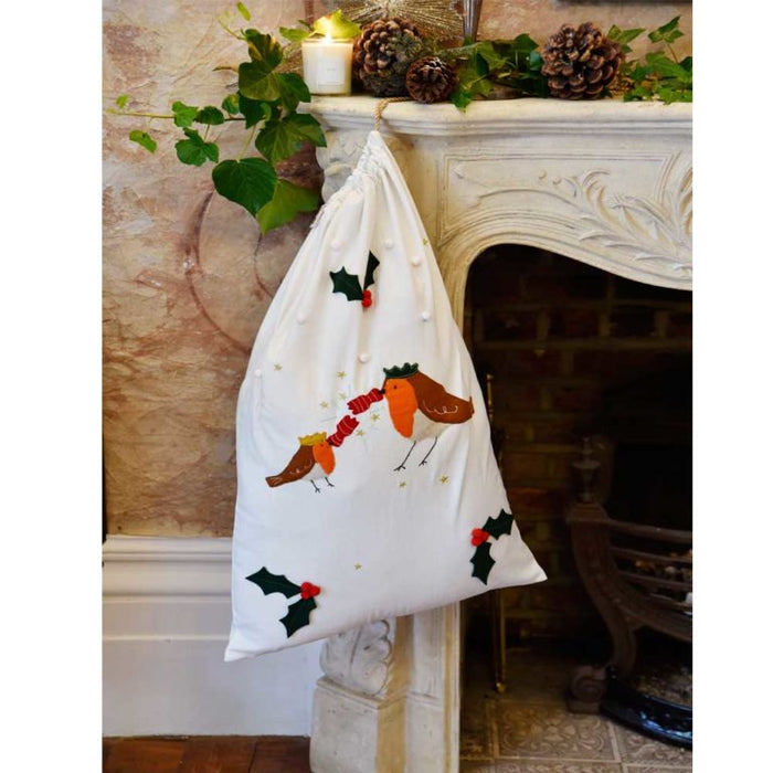 Robin Embroidered Christmas Sack