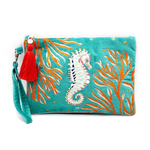 Coral Seahorse Velvet Clutch Bag