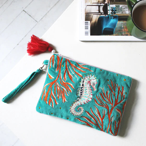 Coral Seahorse Velvet Clutch Bag