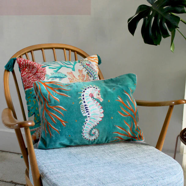 Coral Velvet Seahorse Cushion
