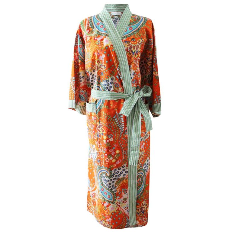 Ladies Orange Paisley Print Cotton Dressing Gown bluebelleandco Ladies Orange Paisley Print Cotton Dressing Gown bluebelleandco