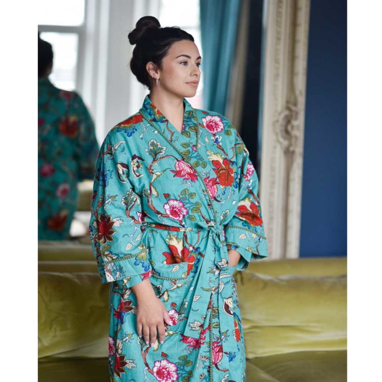 Ladies Teal Exotic Flower Print Cotton Dressing Gown