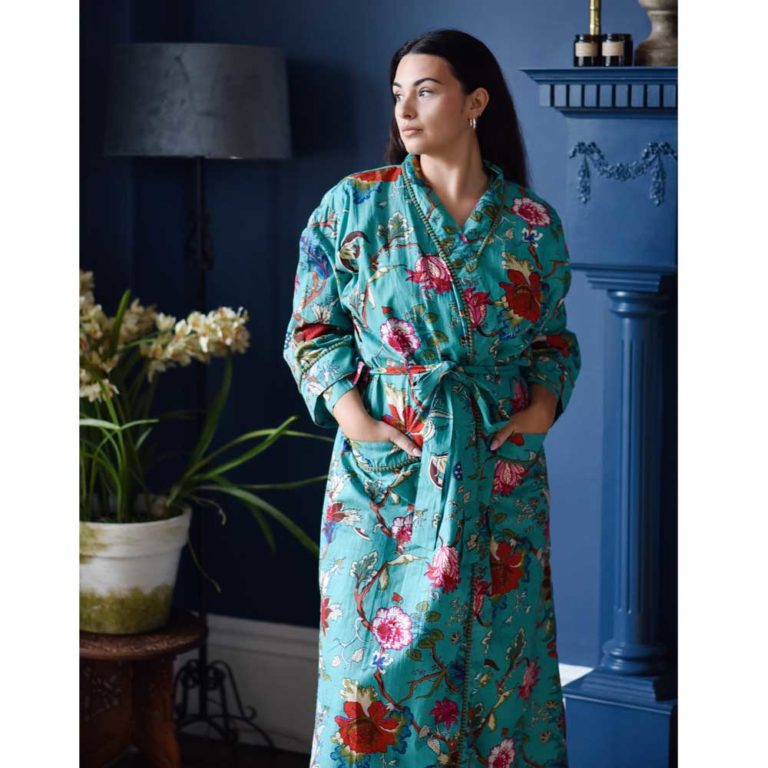 Ladies Teal Exotic Flower Print Cotton Dressing Gown