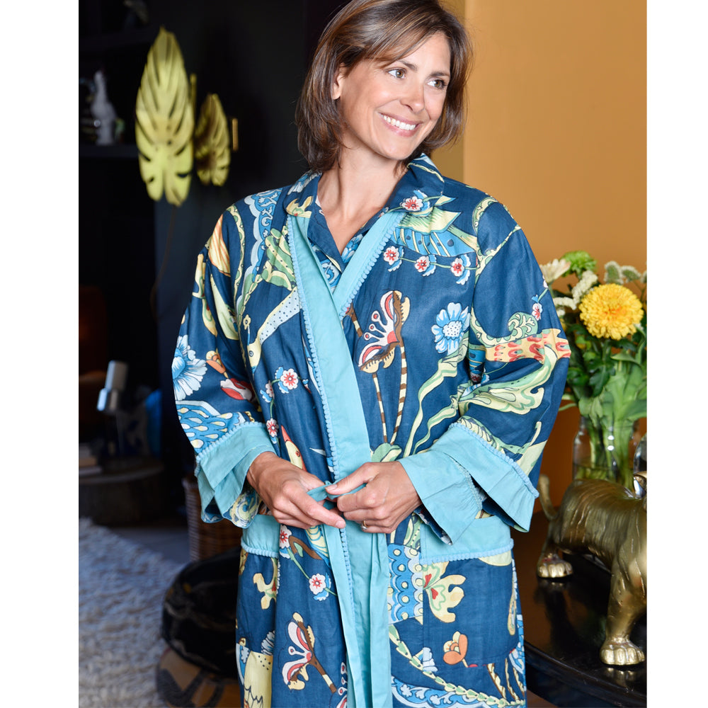 Blue Floral Exotic Bird Print Cotton Dressing Gown