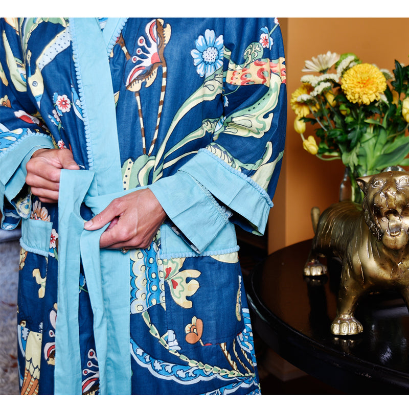 Blue Floral Exotic Bird Print Cotton Dressing Gown