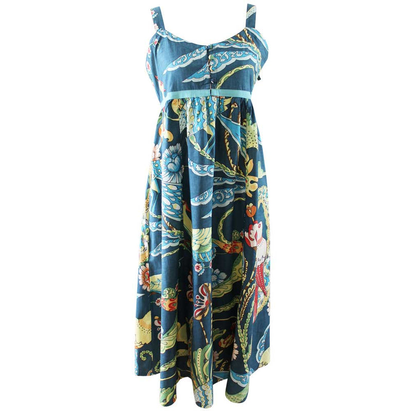 Blue Exotic Bird Strappy Cotton Dress