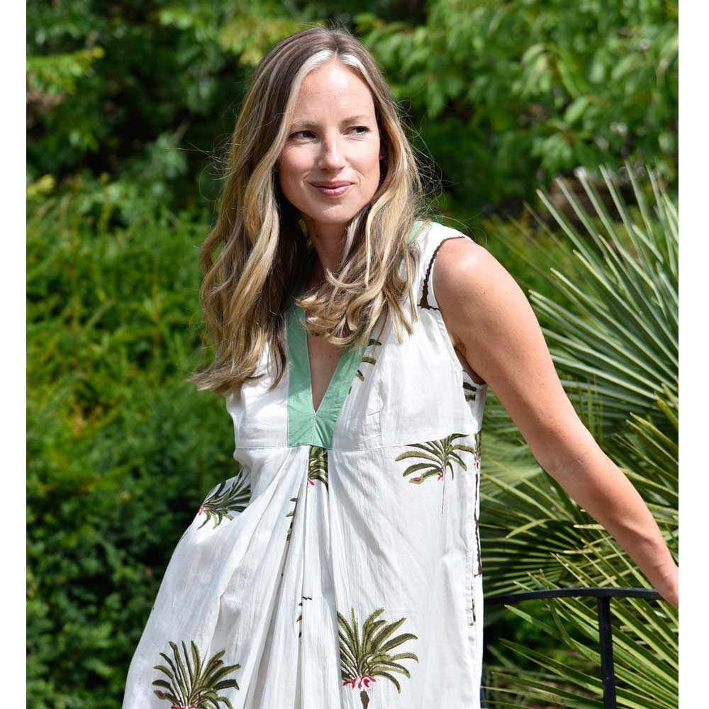 Green Palm Tree V Neck Sleeveless Cotton Dress