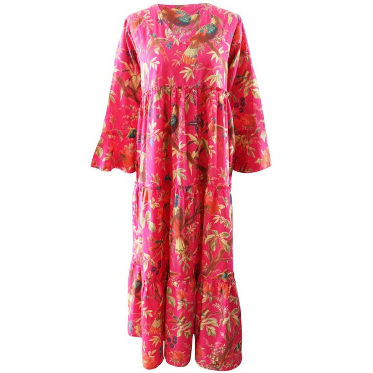 Hot Pink Birds of Paradise Long Sleeved Cotton Tiered Dress