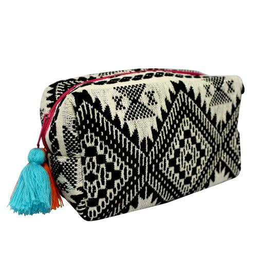 Embellished Black and White Jacquard Cosmetic Pouch Bag