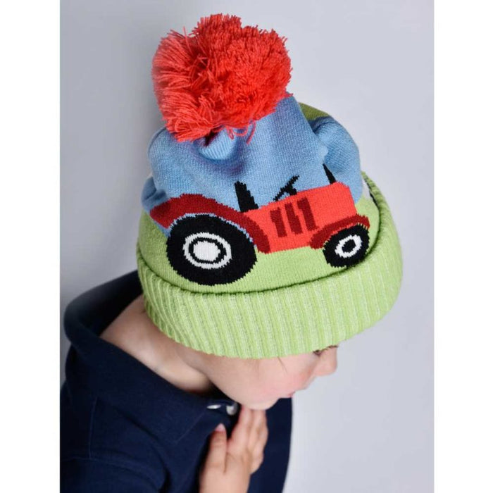 Knitted Tractor Hat with Pom Pom