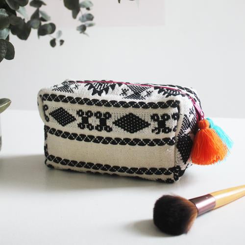 Embellished Black and White Jacquard Cosmetic Pouch Bag