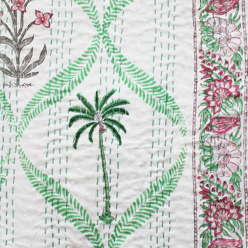 Floral Pink Palm Tree Print Kantha Throw