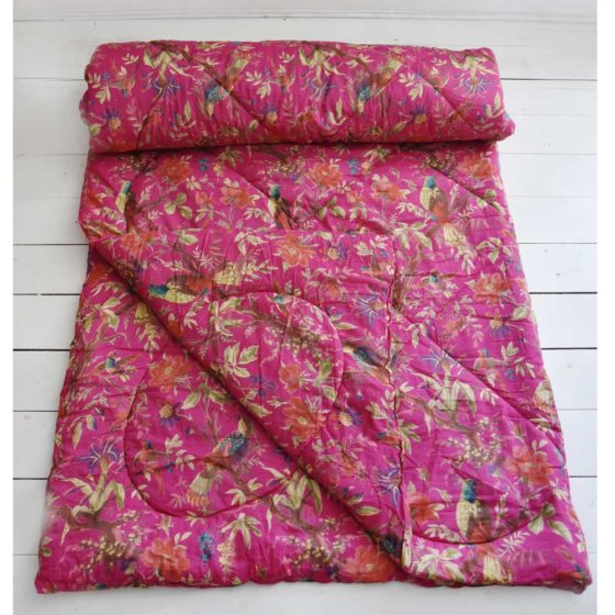 Hot Pink Birds of Paradise Print Cotton Indian Bed Quilt