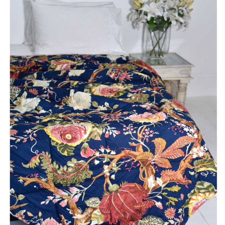 Blue Carnation Print Cotton Indian Bed Quilt
