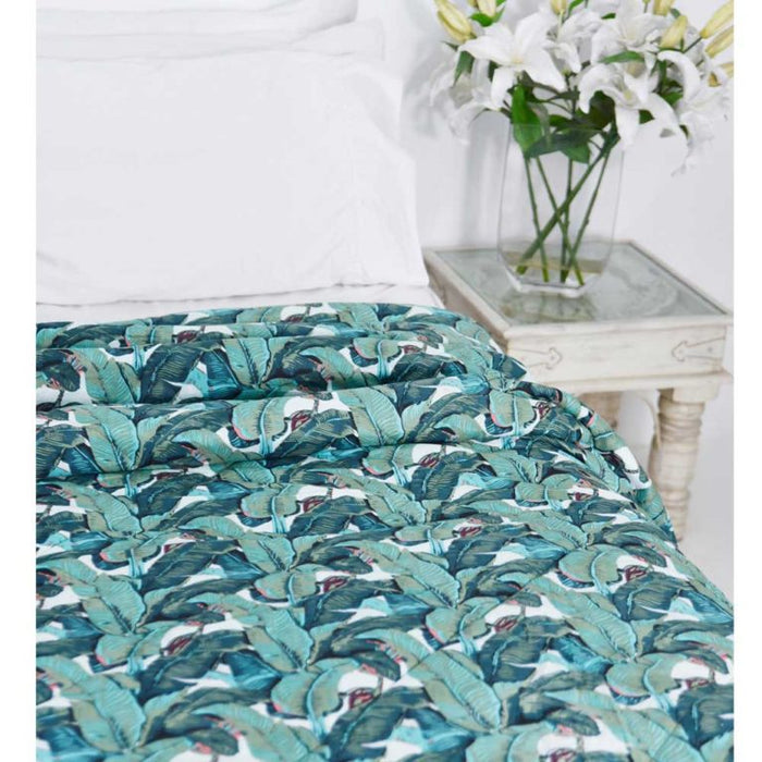 Green Leaf Print Cotton Indian Bed Quilt