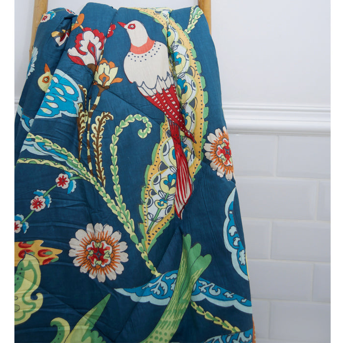 Blue Floral Exotic Bird Print Cotton Indian Bed Quilt