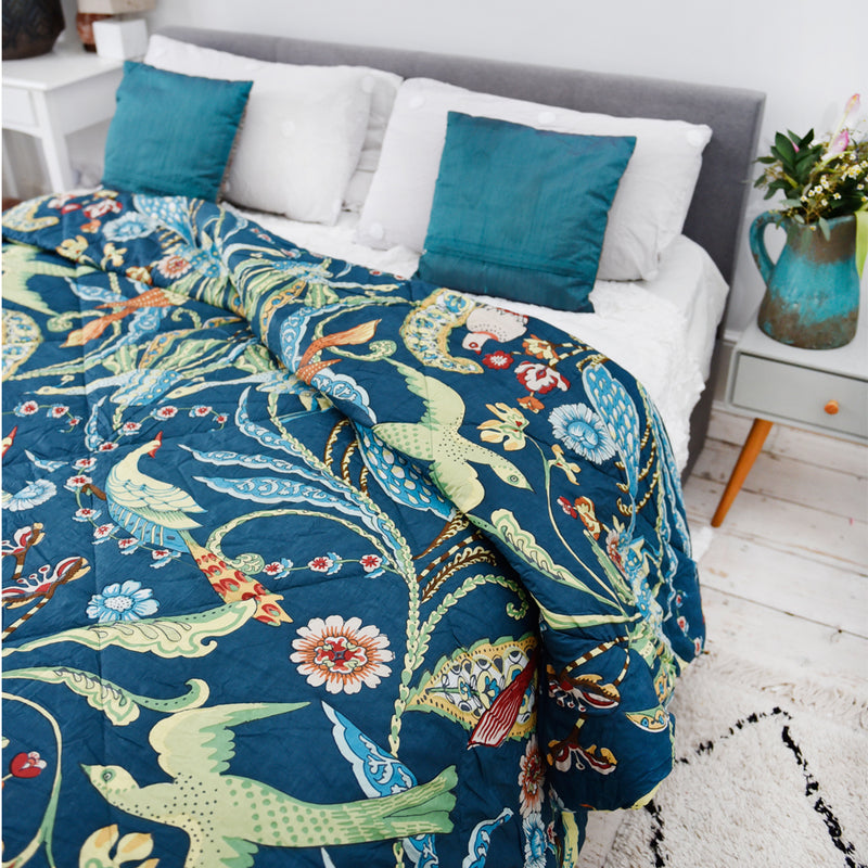 Blue Floral Exotic Bird Print Cotton Indian Bed Quilt