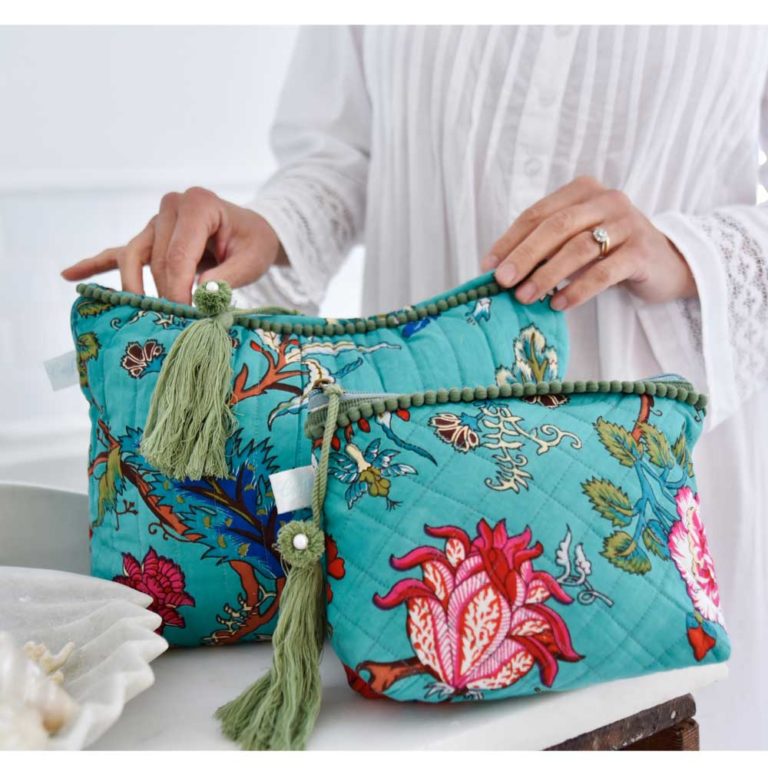 Teal Exotic Flower Print Make Up Bag