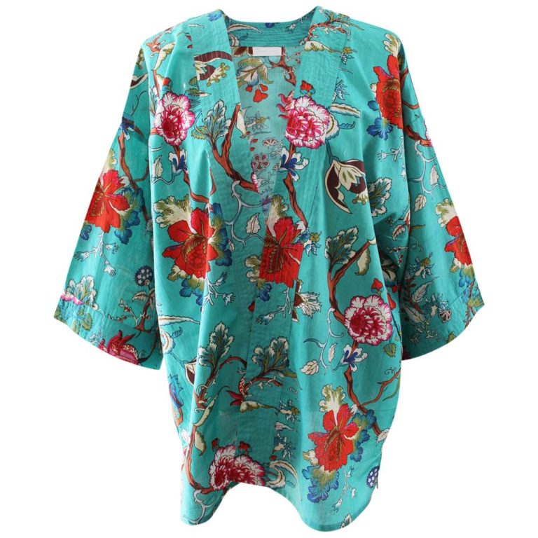 Teal Exotic Flower Print Cotton Summer Jacket