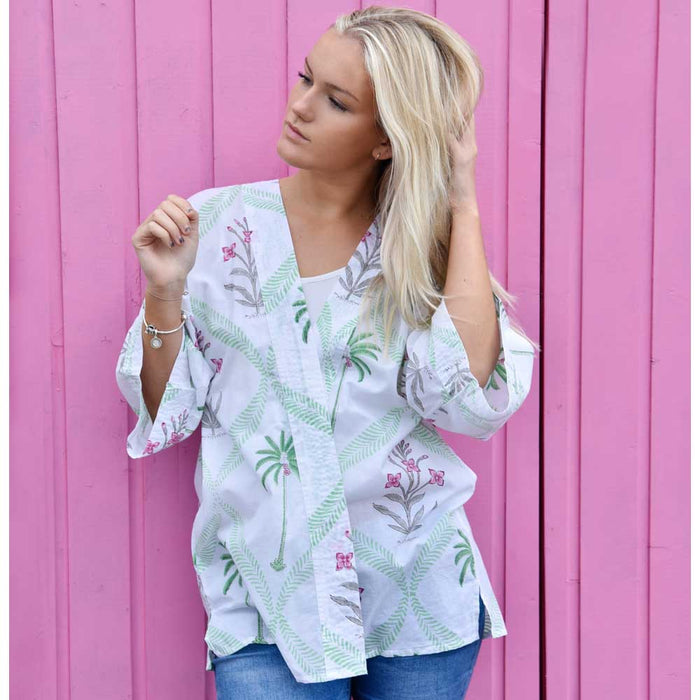 Floral Pink Palm Tree Print Cotton Summer Jacket