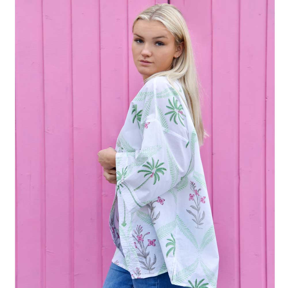 Floral Pink Palm Tree Print Cotton Summer Jacket
