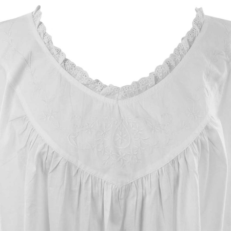 Ladies White Sleeveless Nightdress With Embroidered Yoke 'Abigail'
