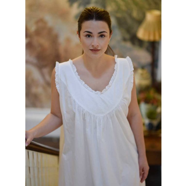 Ladies White Sleeveless Nightdress With Embroidered Yoke 'Abigail'