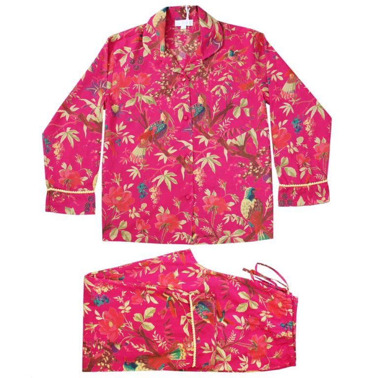 Ladies Hot Pink Birds of Paradise Print Cotton Pyjamas