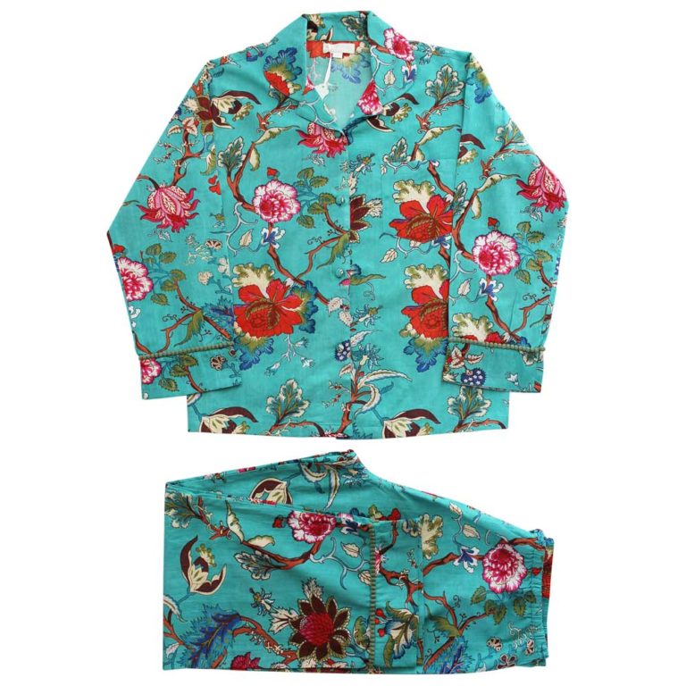 Ladies Teal Exotic Flower Print Cotton Pyjamas