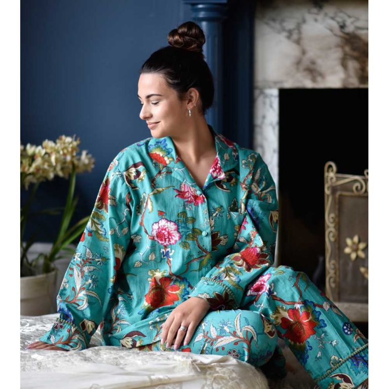 Ladies Teal Exotic Flower Print Cotton Pyjamas
