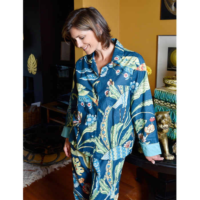 Blue Floral Exotic Bird Print Cotton Pyjamas