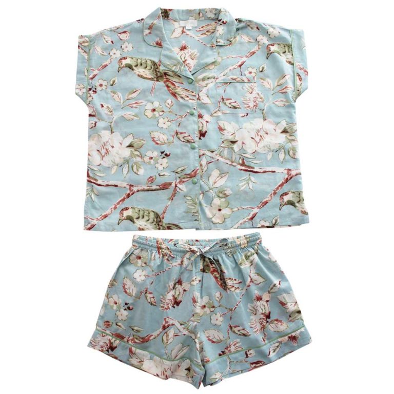 Ladies Blue Blossom and Bird Print Cotton Short Pyjama Set