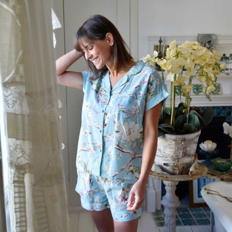 Ladies Blue Blossom and Bird Print Cotton Short Pyjama Set