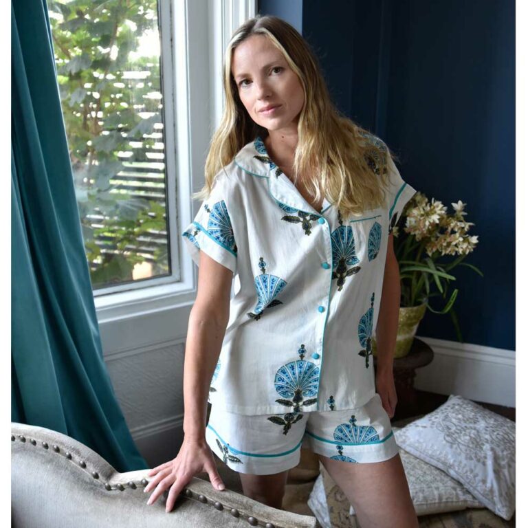 Ladies Aqua Shell Print Cotton Short Pyjama Set