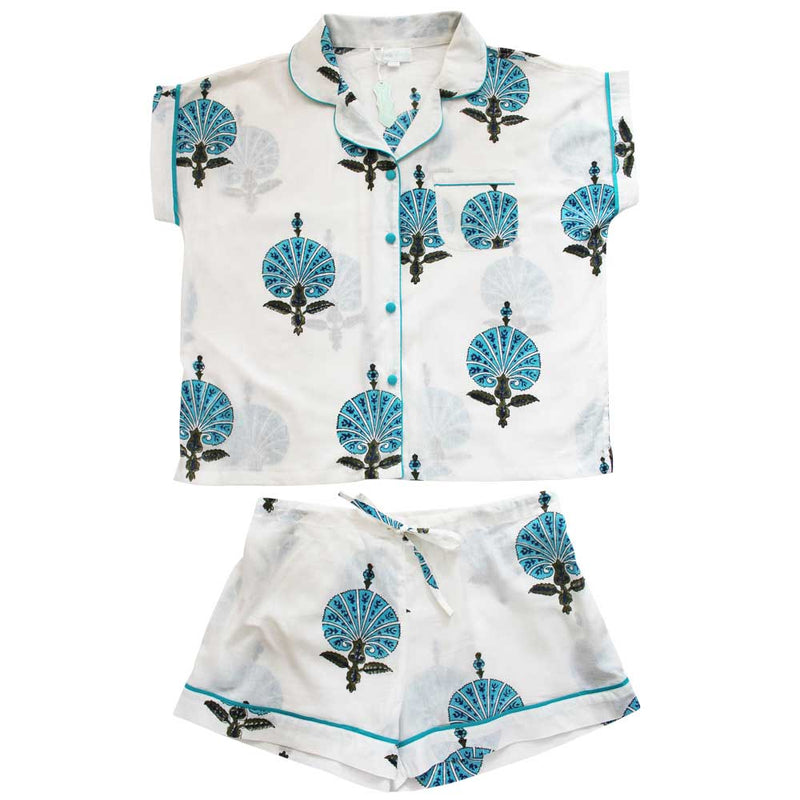 Ladies Aqua Shell Print Cotton Short Pyjama Set