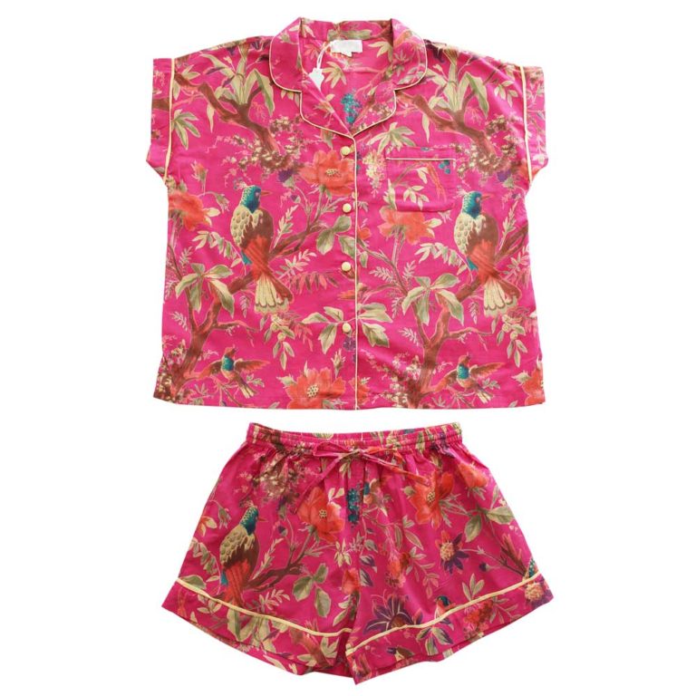 Ladies Hot Pink Birds of Paradise Print Cotton Short Pyjama Set