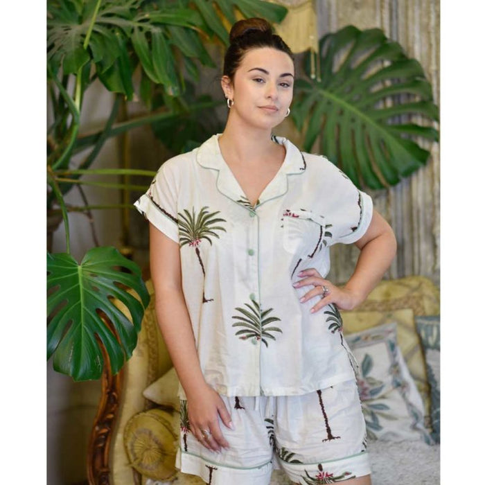 Ladies Palm Tree Print Cotton Short Pyjama Set