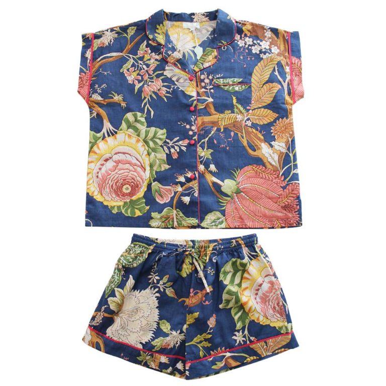 Ladies Blue Carnation Print Cotton Short Pyjama Set