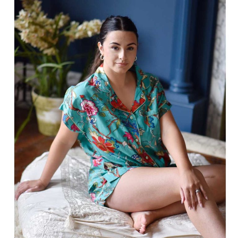Ladies Teal Exotic Flower Print Cotton Short Pyjama Set