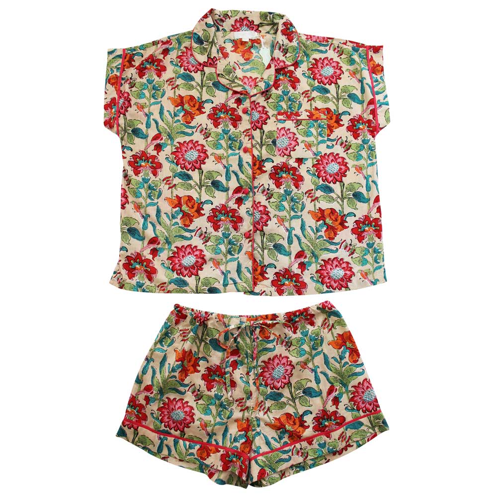 Ladies Floral Garden Print Cotton Short Pyjama Set