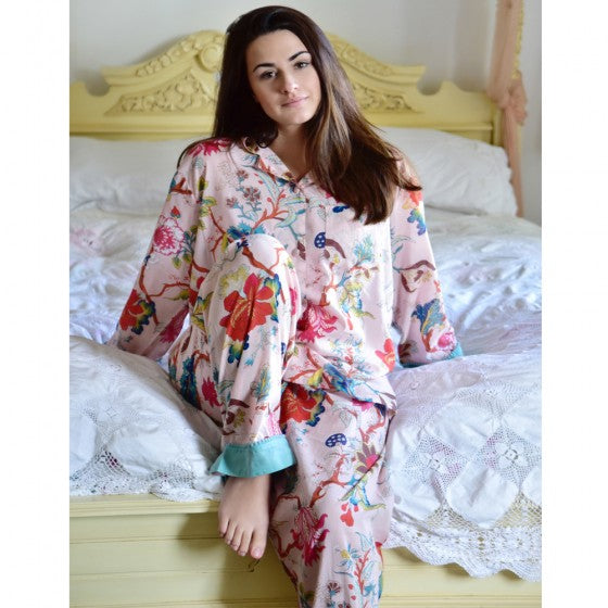 Ladies Pink Exotic Flower Print Cotton Pyjamas
