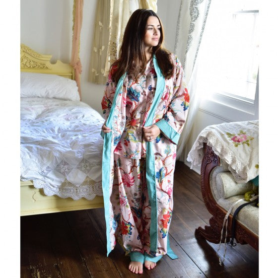 Ladies Pink Exotic Flower Print Cotton Dressing Gown
