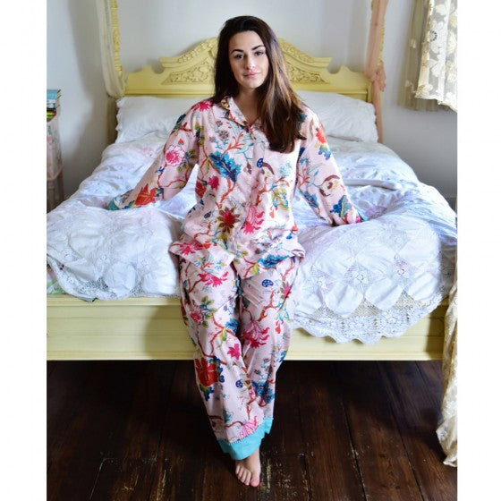 Ladies Pink Exotic Flower Print Cotton Pyjamas